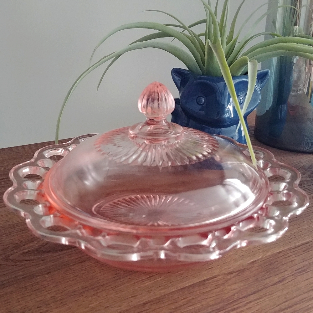 Anchor Hocking Old Colony Open Lace Edge Pink Depression Butter Dish Candy Bowl